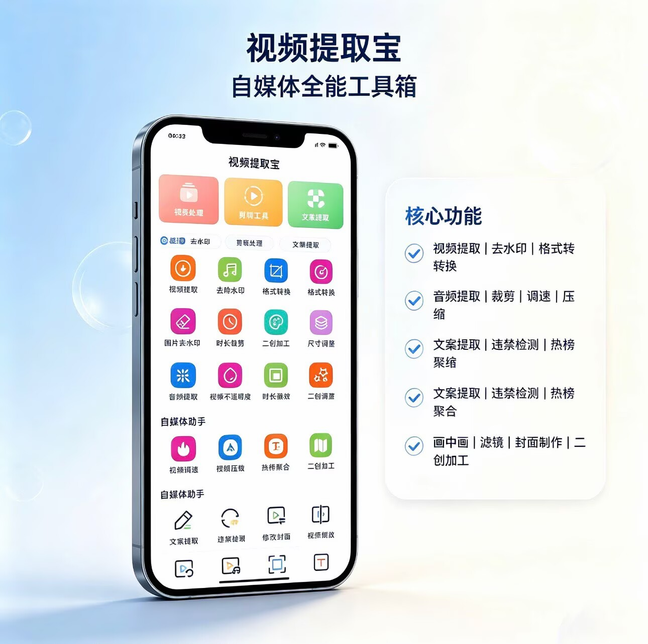 视频提取宝|自媒体全能工具箱 视频音频文案处理工具 去水印调速裁剪封面制作工具 格式转换二创加工软件