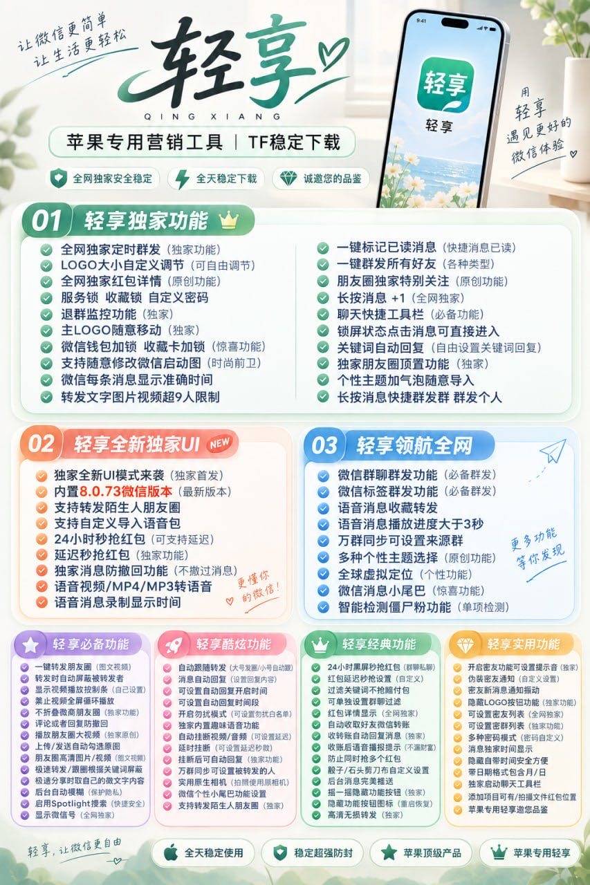 轻享苹果 TF 营销工具 独家定时群发超强防封 轻享苹果专用微信工具 消息防撤回红包僵尸粉检测 下载 自定义 UI 定时群发全套营销功能-_微卡网激活码商城 轻享苹果 TF 营销工具 独家定时群发超强防封 轻享苹果专用微信工具 消息防撤回红包僵尸粉检测 下载 自定义 UI 定时群发全套营销功能-_微卡网激活码商城